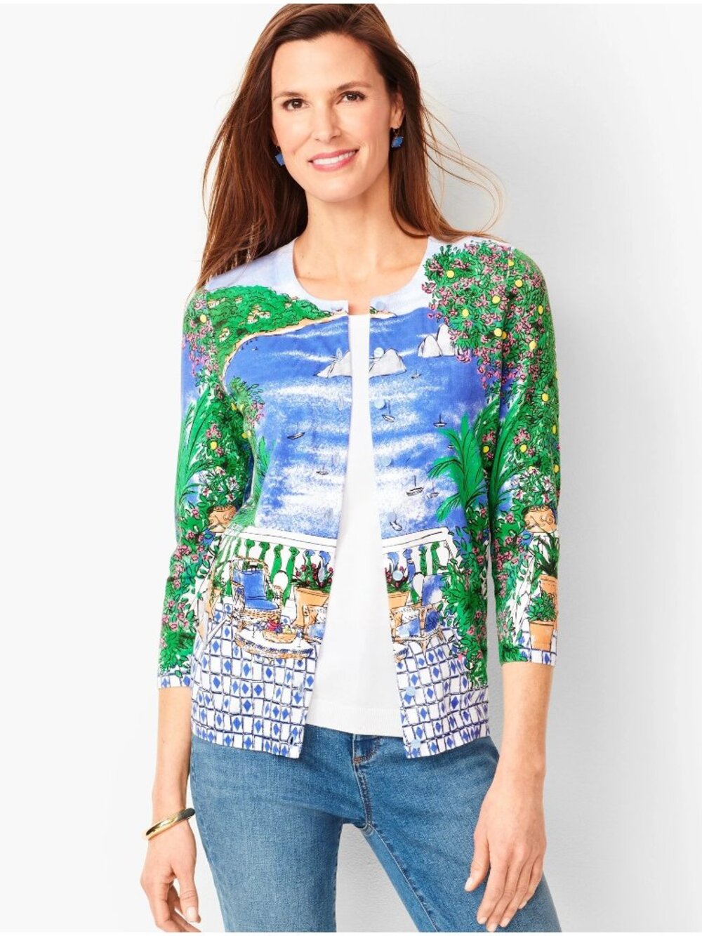 Talbots Charming Cardigan Sweater Capri Scene Size Mp Coastal Novelty